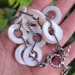 Chunky handmade silver mother of pearl open disc doughnut toggle clasp bracelet